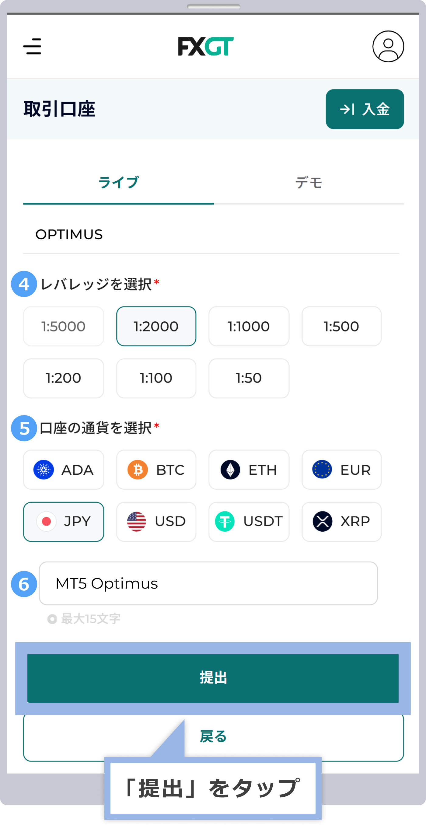 レバレッジと通貨を選択